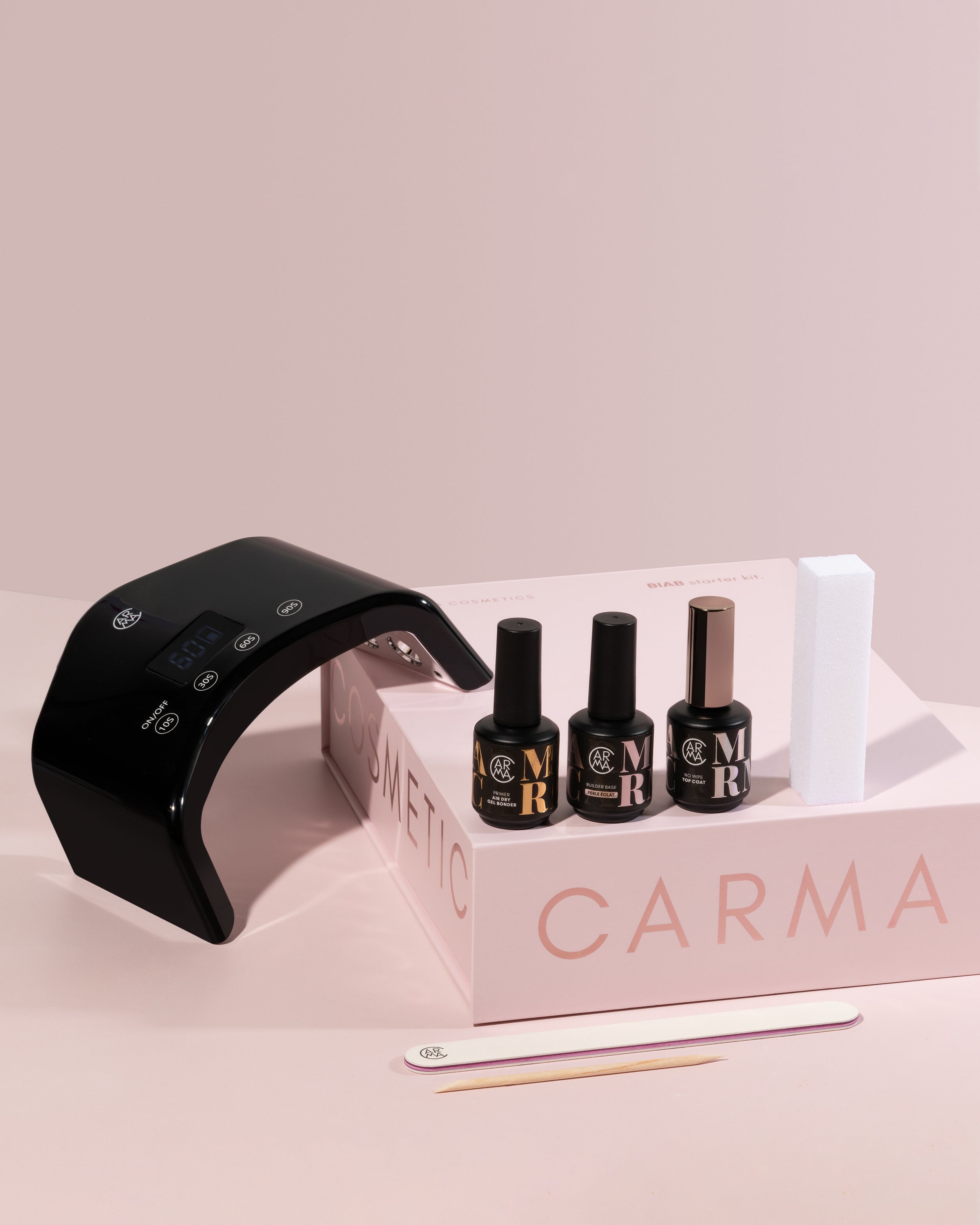 CARMA Cosmetics Luxe BIAB Starter Kit Éclat Perle met zachte milky roze tint, pearl finish en complete manicure essentials in een elegante blush setting.